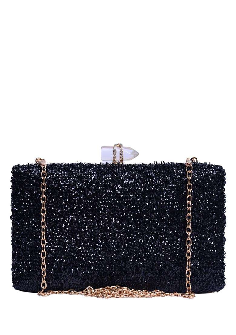 Black Satin Embroidered Box Clutch - Indya