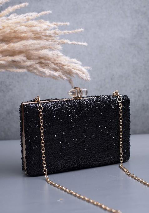 Black Satin Embroidered Box Clutch