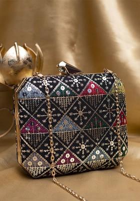 Black Satin Embroidered Sequinned Box Clutch