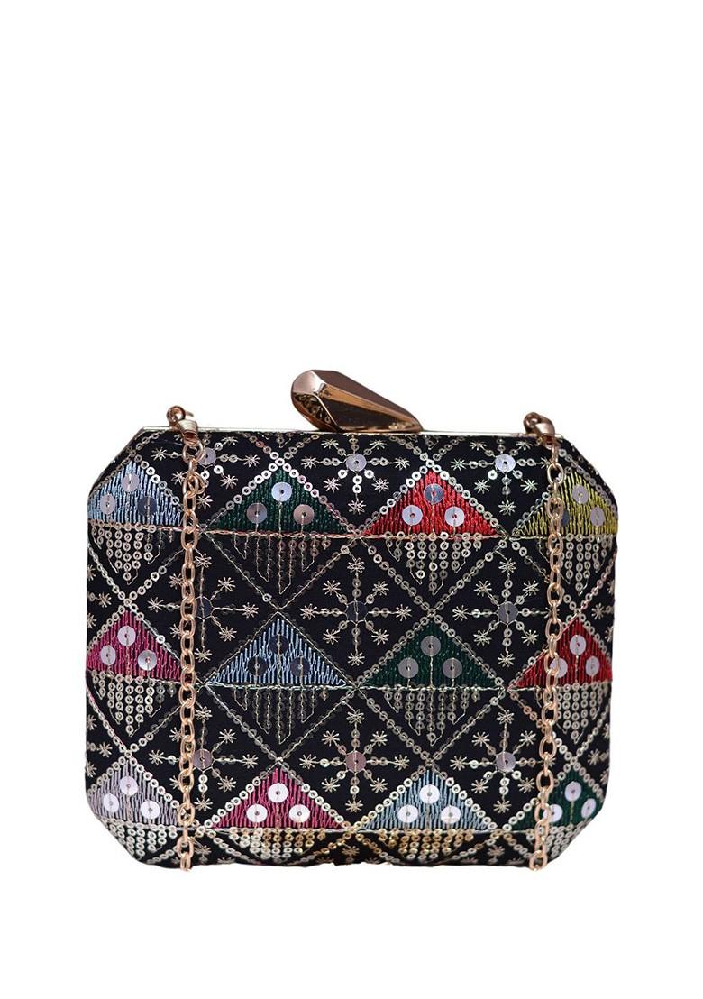 Black Satin Embroidered Sequinned Box Clutch - Indya
