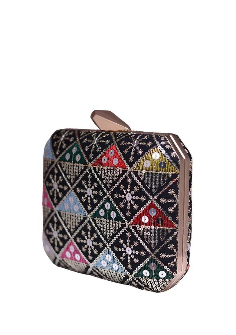 Black Satin Embroidered Sequinned Box Clutch - Indya