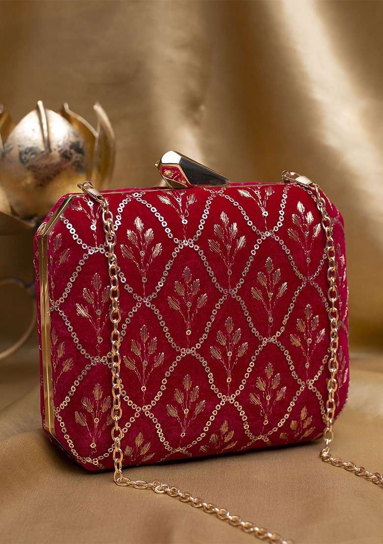 Red Satin Embroidered Sequinned Box Clutch - Indya
