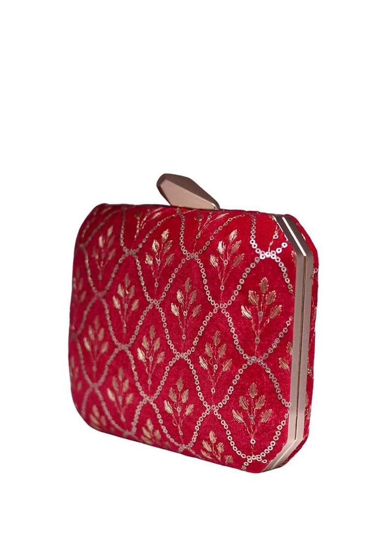 Red Satin Embroidered Sequinned Box Clutch - Indya