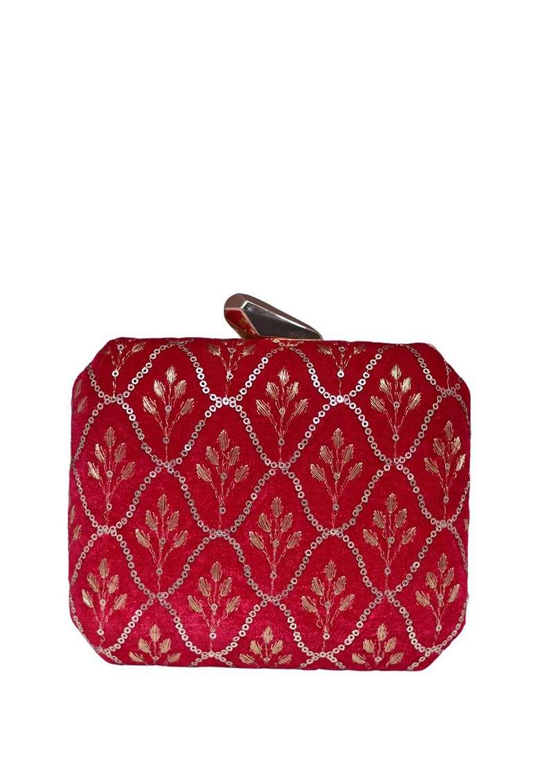 Red Satin Embroidered Sequinned Box Clutch - Indya