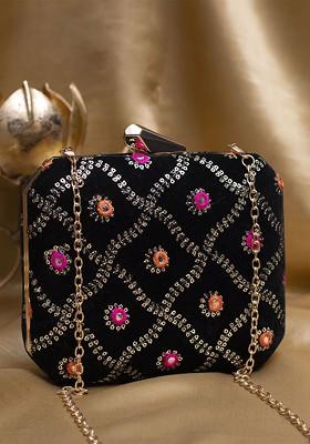Black Satin Embroidered Sequinned Box Clutch