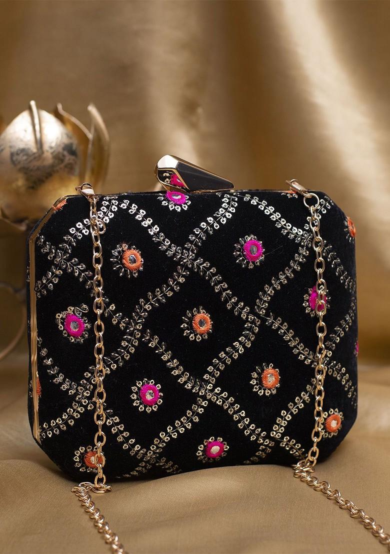 Black Satin Embroidered Sequinned Box Clutch - Indya