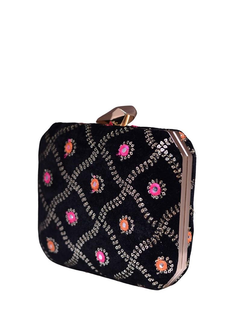 Black Satin Embroidered Sequinned Box Clutch - Indya