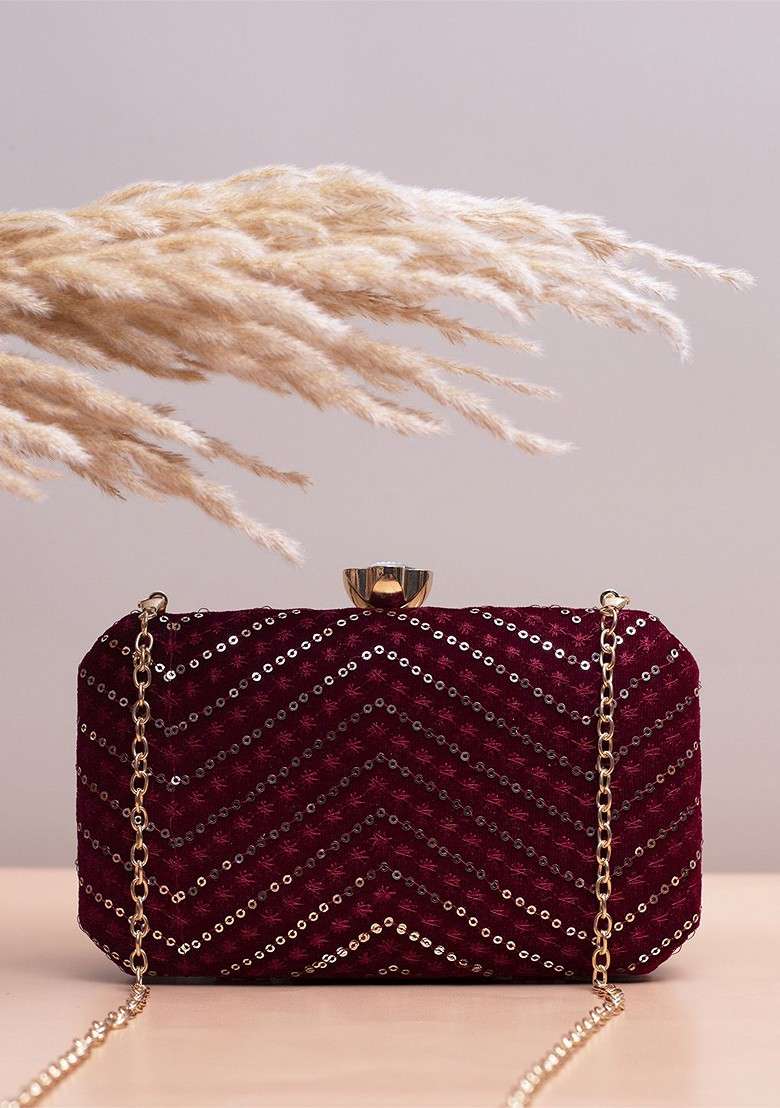 Maroon Satin Embroidered Box Clutch - Indya