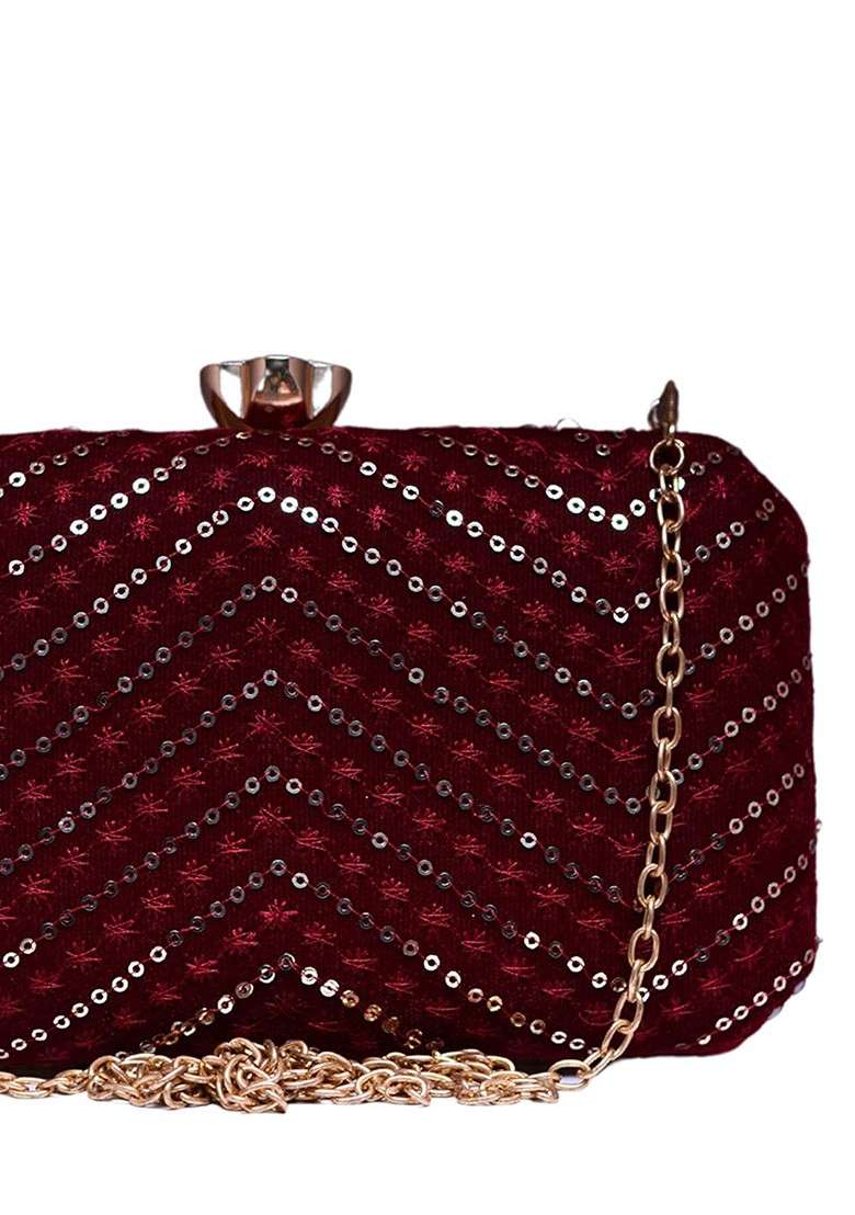 Maroon Satin Embroidered Box Clutch - Indya
