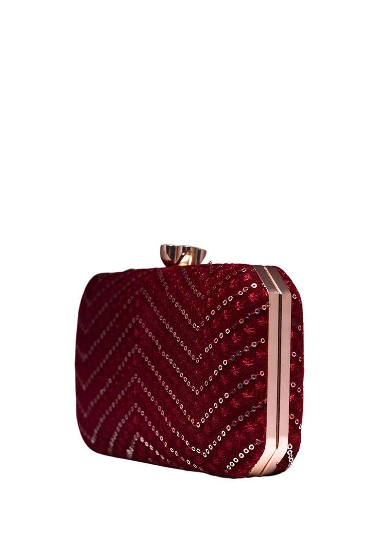 Maroon Satin Embroidered Box Clutch - Indya