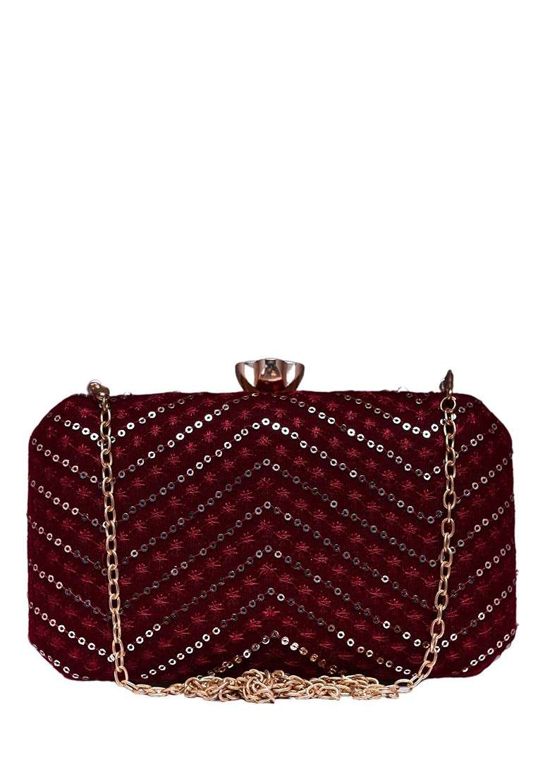 Maroon Satin Embroidered Box Clutch - Indya