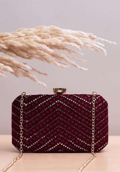 Maroon Satin Embroidered Box Clutch