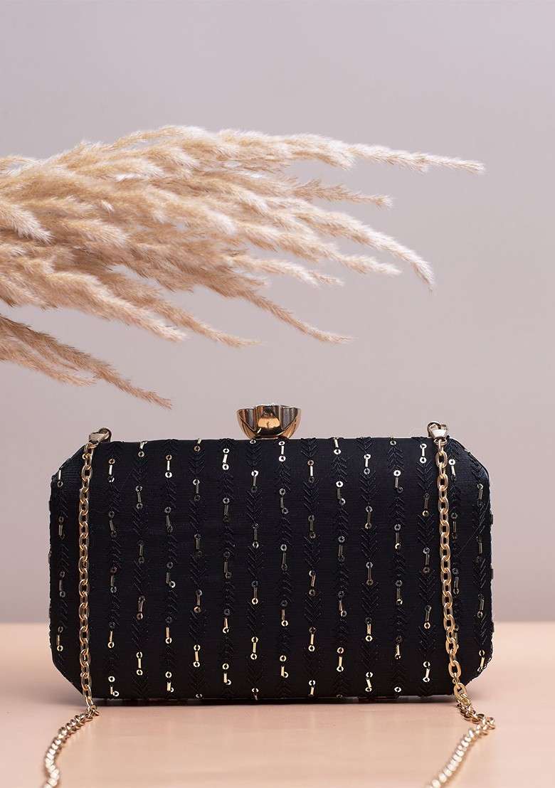 Black Satin Embroidered Box Clutch - Indya