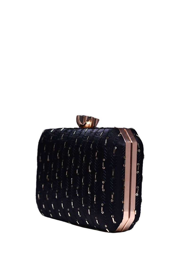 Black Satin Embroidered Box Clutch - Indya