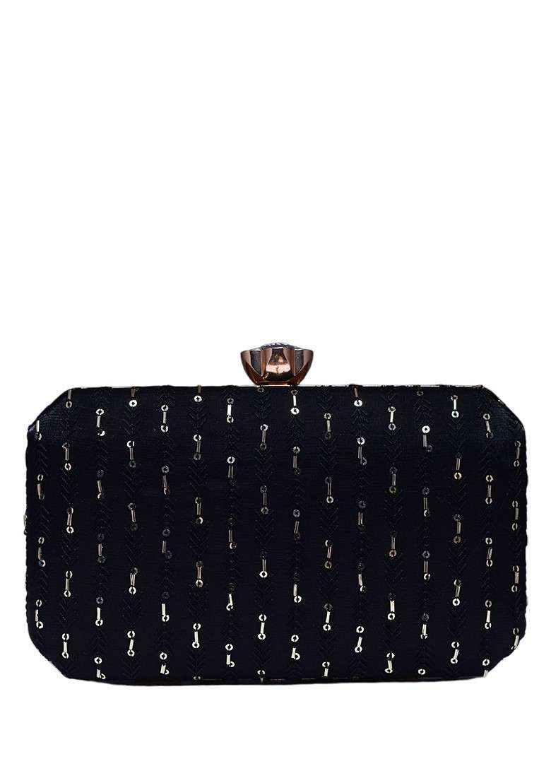 Black Satin Embroidered Box Clutch - Indya