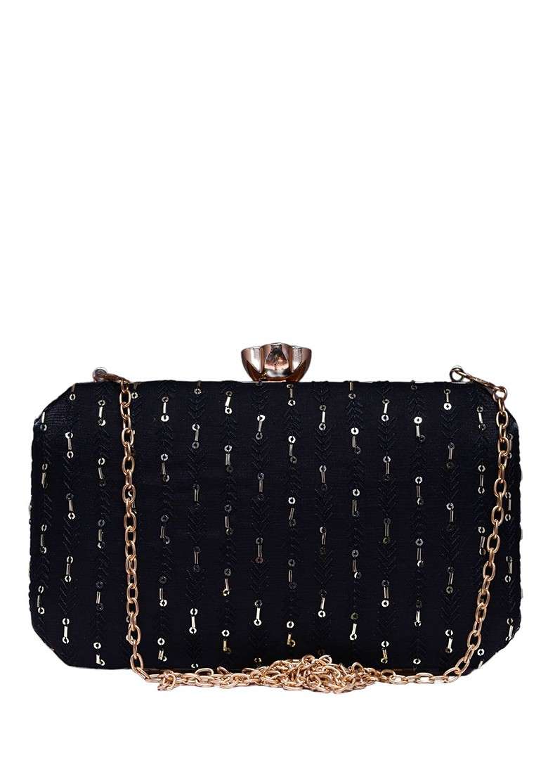 Black Satin Embroidered Box Clutch - Indya