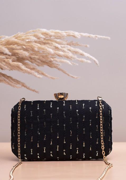 Black Satin Embroidered Box Clutch