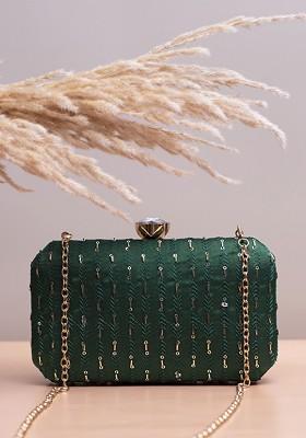 Green Satin Embroidered Box Clutch