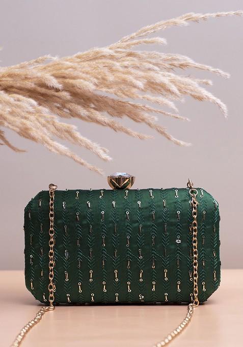 Green Satin Embroidered Box Clutch