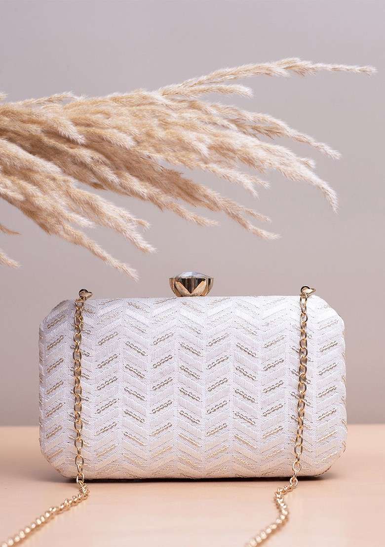 White Satin Embroidered Box Clutch - Indya