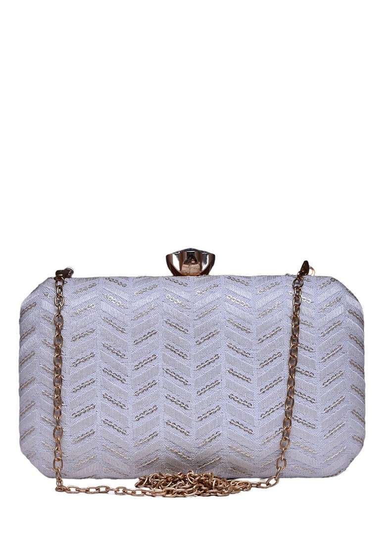 White Satin Embroidered Box Clutch - Indya