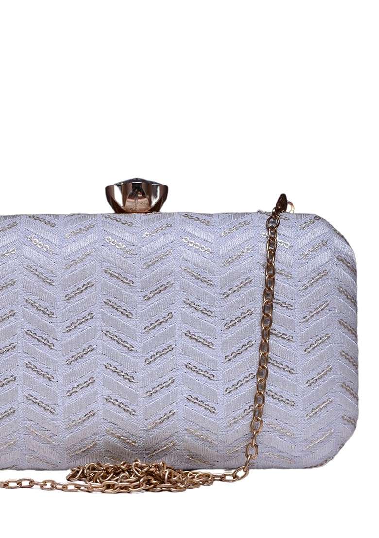 White Satin Embroidered Box Clutch - Indya
