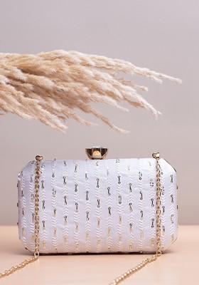 White Satin Embroidered Box Clutch