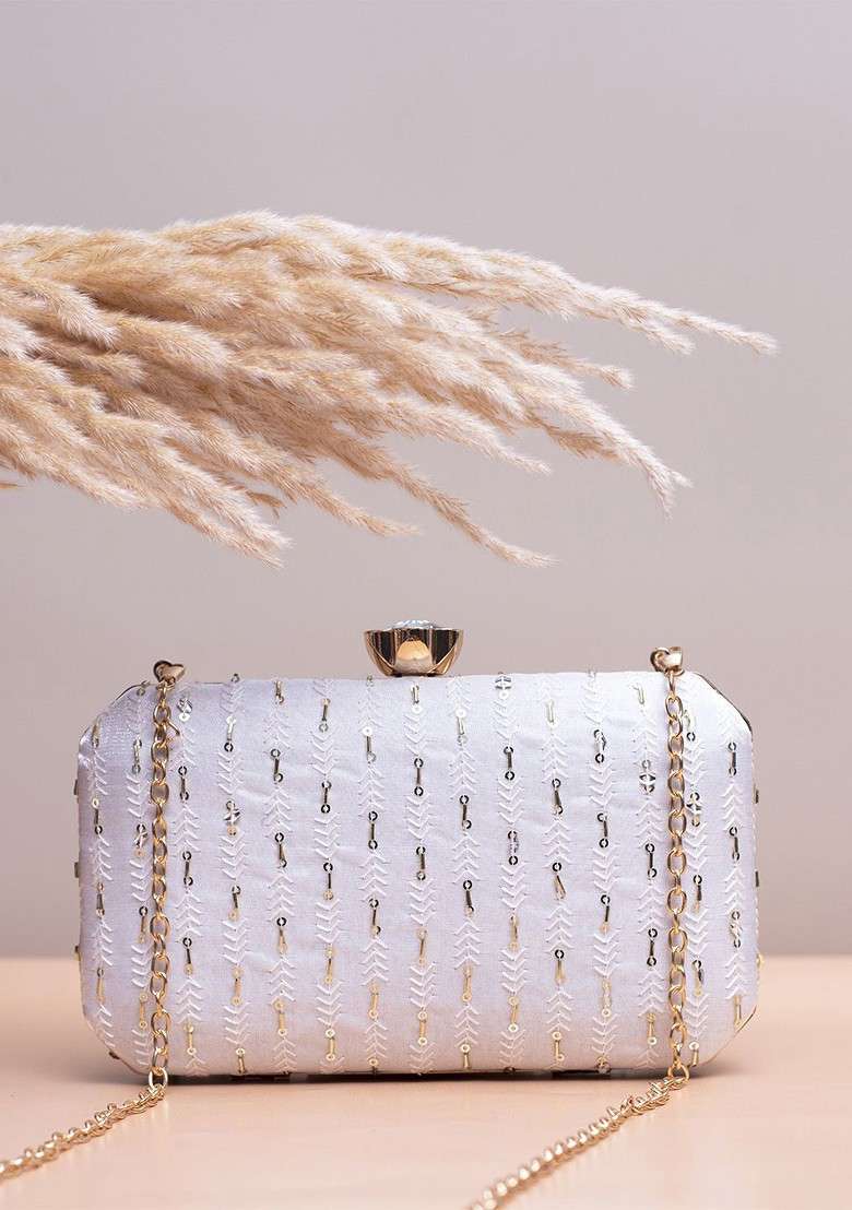 White Satin Embroidered Box Clutch - Indya