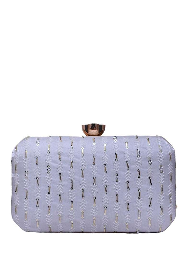 White Satin Embroidered Box Clutch - Indya