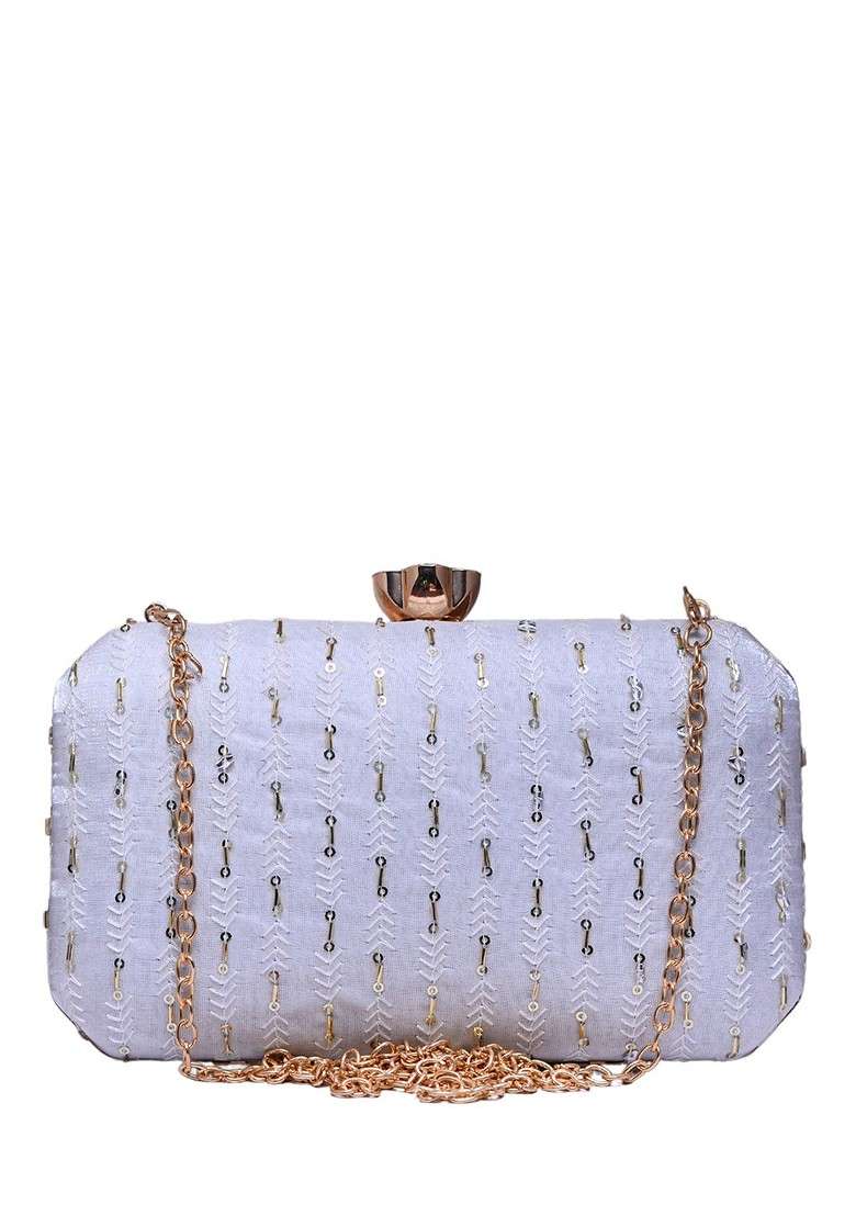 White Satin Embroidered Box Clutch - Indya