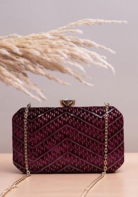 Maroon Satin Embroidered Box Clutch