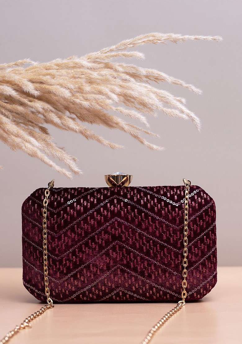Maroon Satin Embroidered Box Clutch - Indya