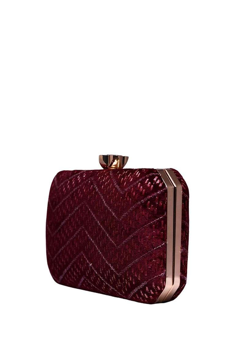 Maroon Satin Embroidered Box Clutch - Indya