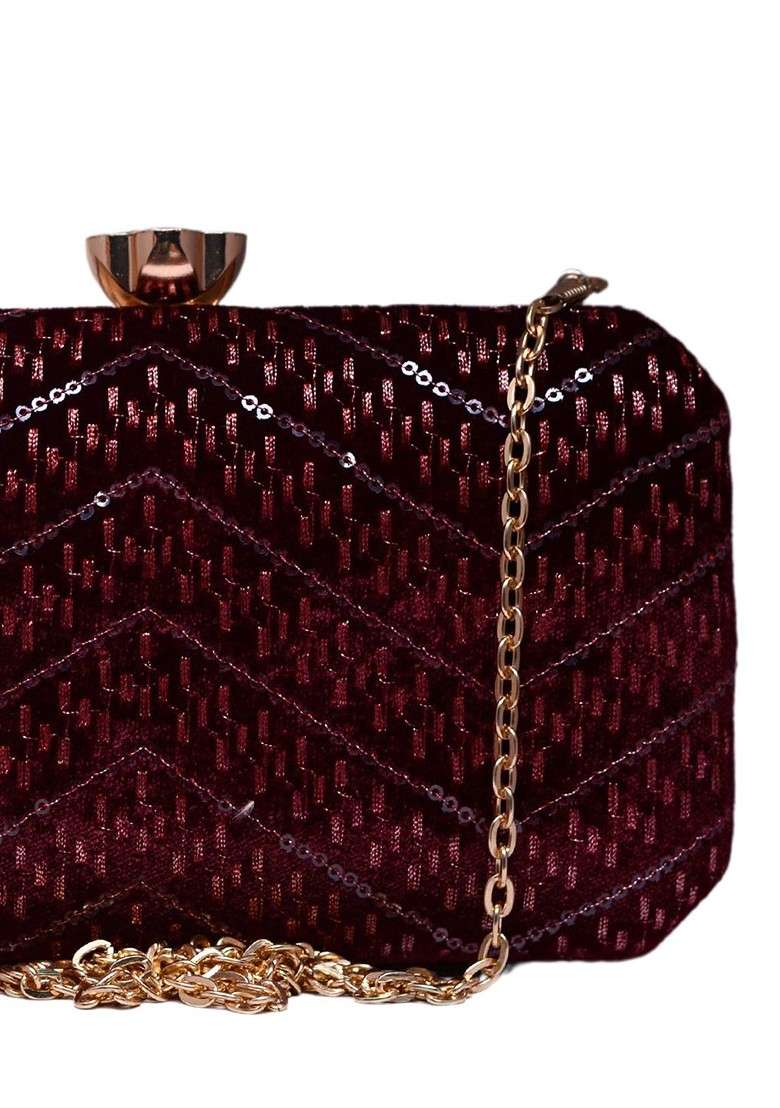 Maroon Satin Embroidered Box Clutch - Indya