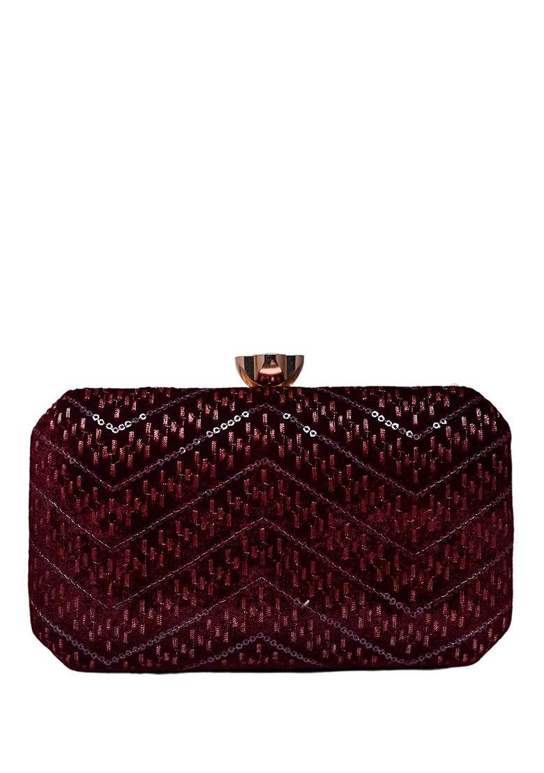 Maroon Satin Embroidered Box Clutch - Indya