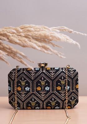 Black Satin Embroidered Box Clutch