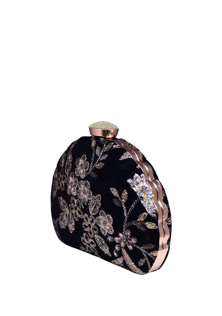 Black Satin Embroidered Embellished Box Clutch - Indya