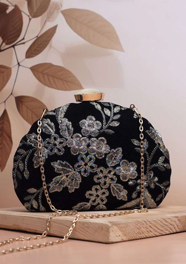 Black Satin Embroidered Embellished Box Clutch - Indya