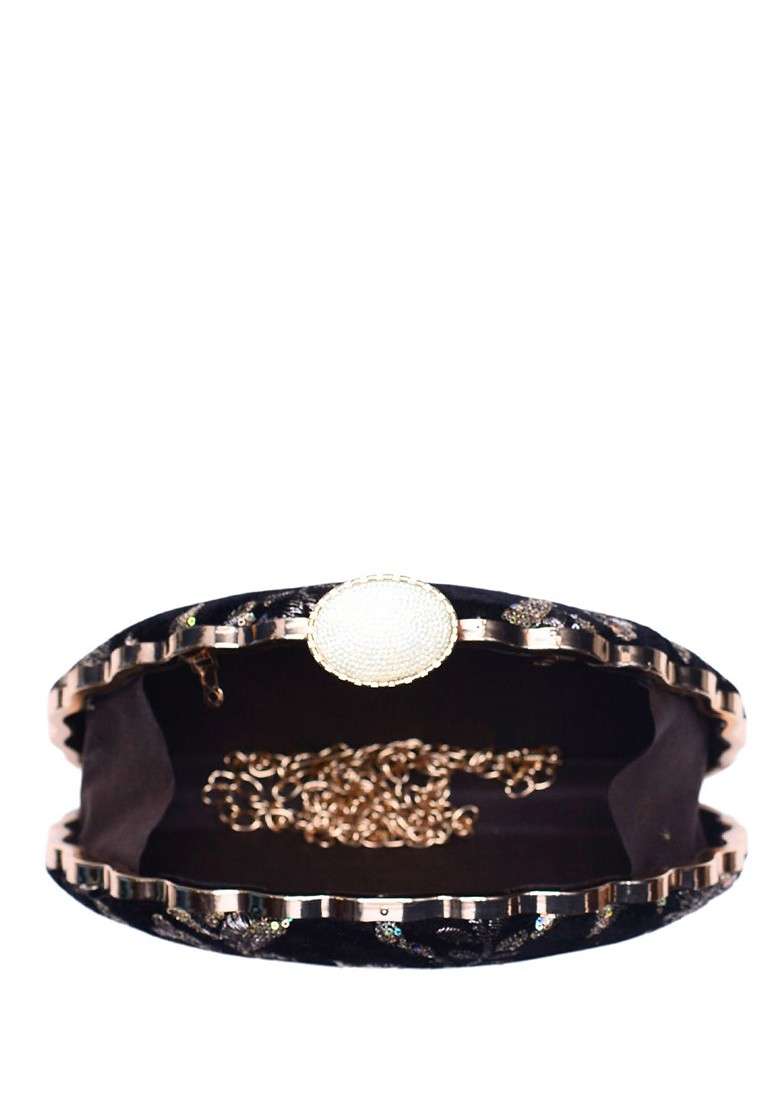 Black Satin Embroidered Embellished Box Clutch - Indya