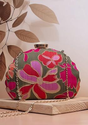 Olive Satin Embroidered Embellished Box Clutch