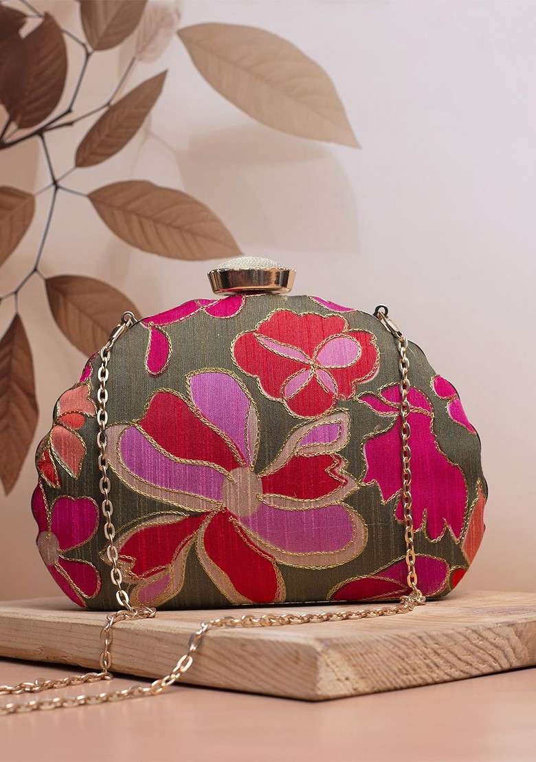 Olive Satin Embroidered Embellished Box Clutch - Indya