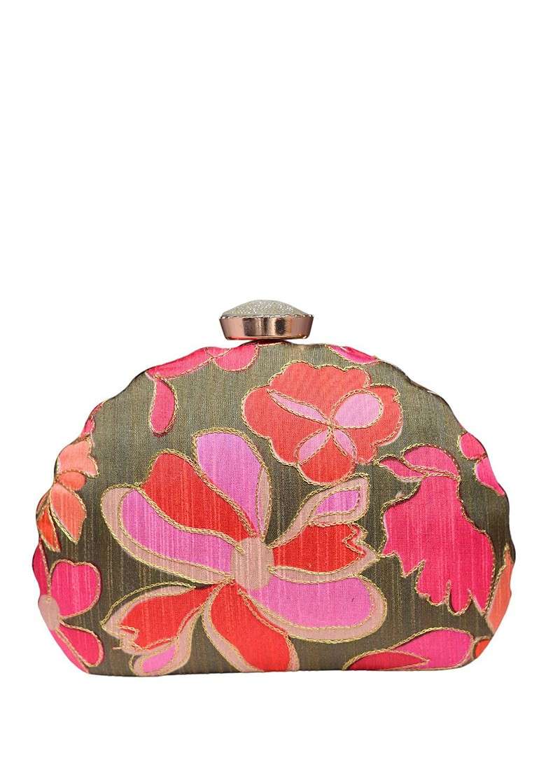 Olive Satin Embroidered Embellished Box Clutch - Indya