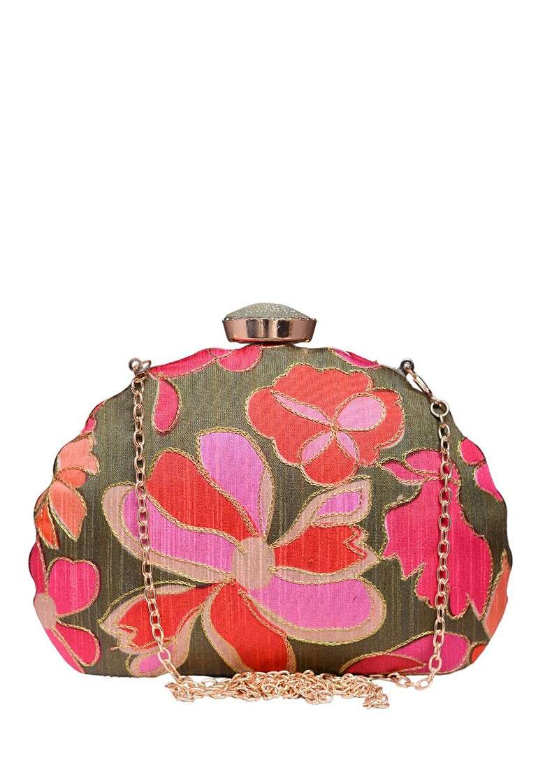 Olive Satin Embroidered Embellished Box Clutch - Indya