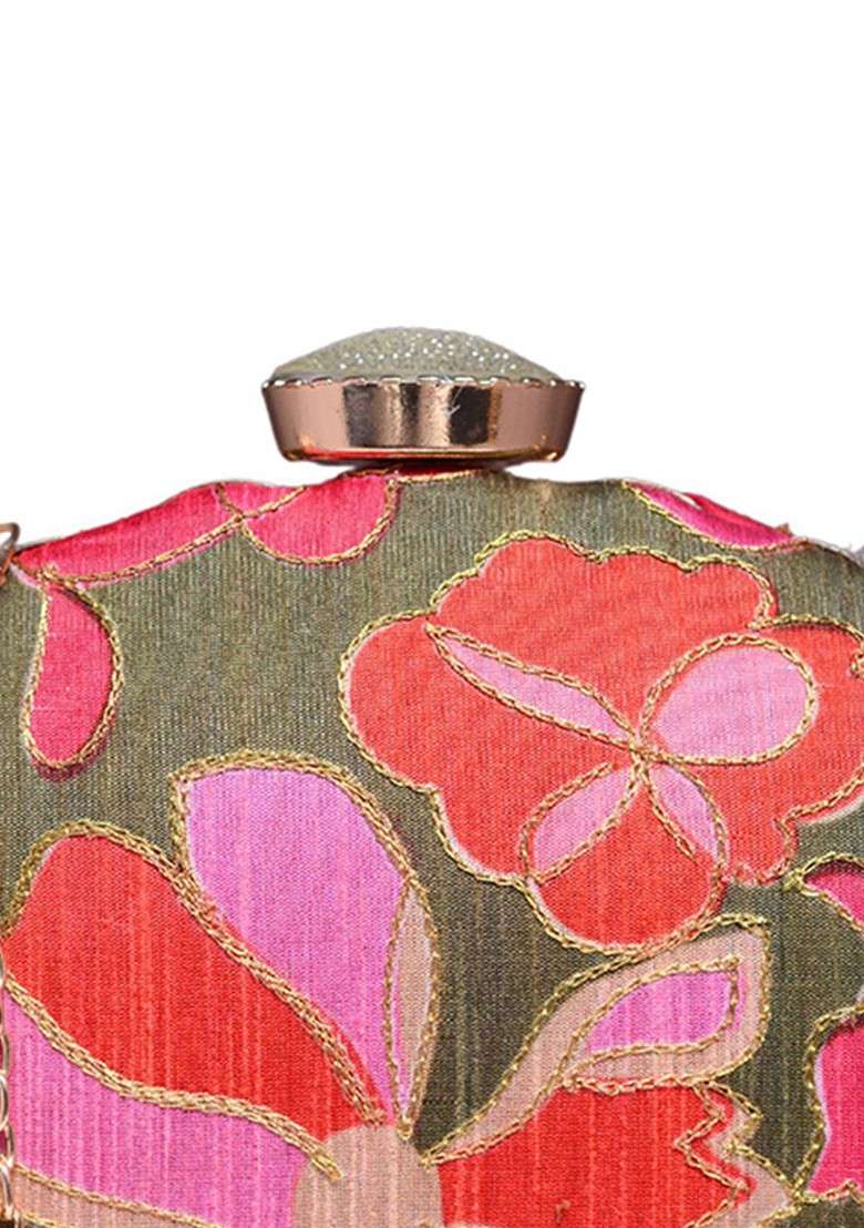 Olive Satin Embroidered Embellished Box Clutch - Indya