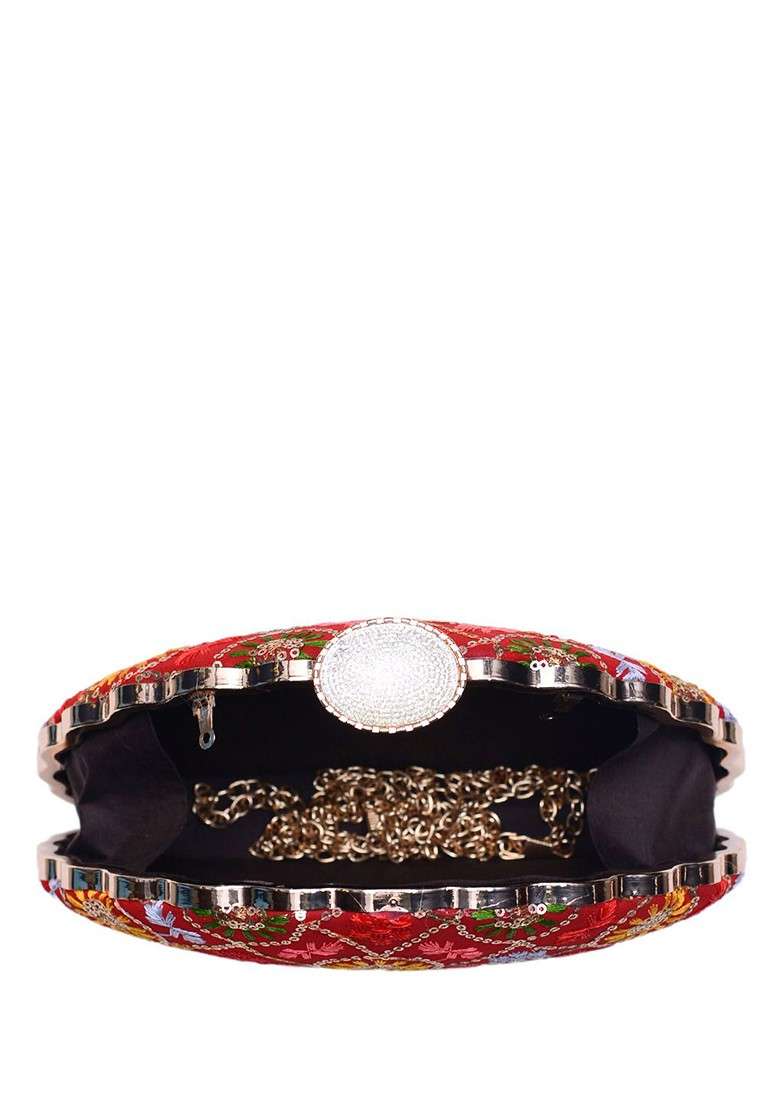 Red Satin Embroidered Embellished Box Clutch - Indya