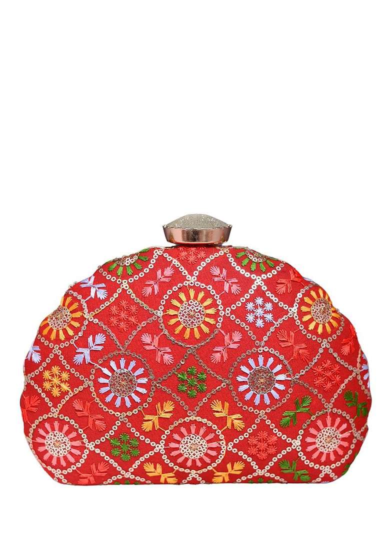 Red Satin Embroidered Embellished Box Clutch - Indya