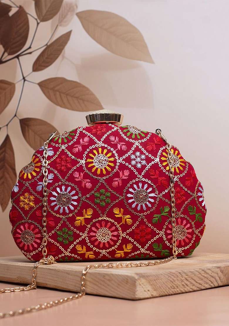 Red Satin Embroidered Embellished Box Clutch - Indya