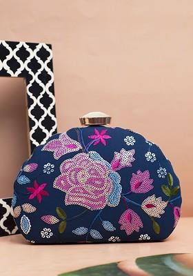 Navy Blue Satin Embroidered Embellished Box Clutch