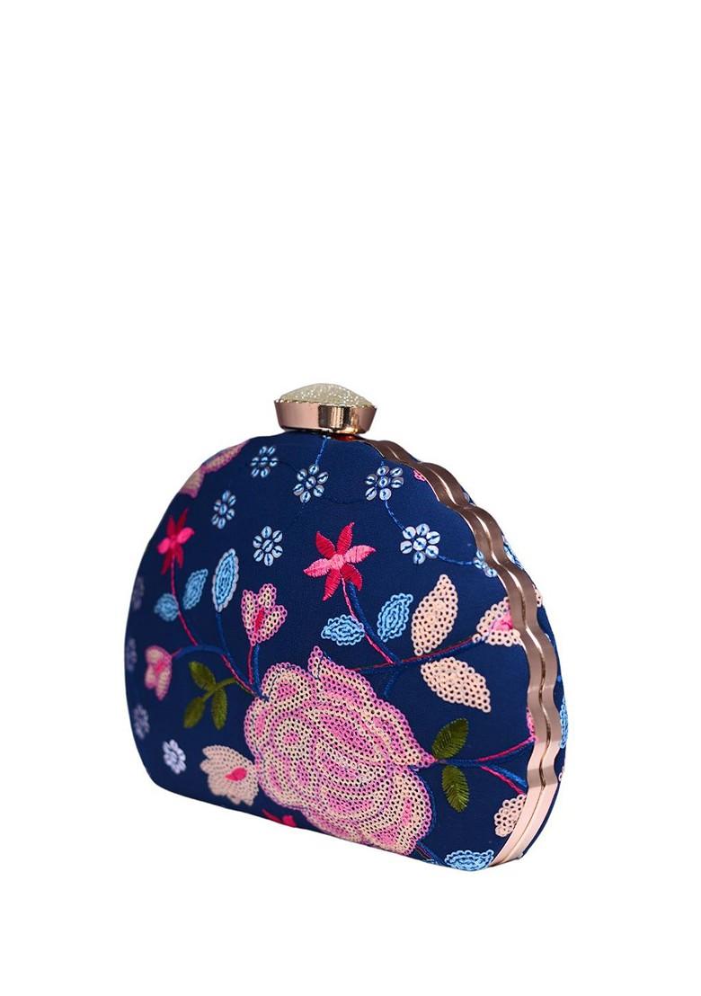 Navy Blue Satin Embroidered Embellished Box Clutch - Indya