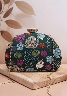 Green Satin Embroidered Embellished Box Clutch